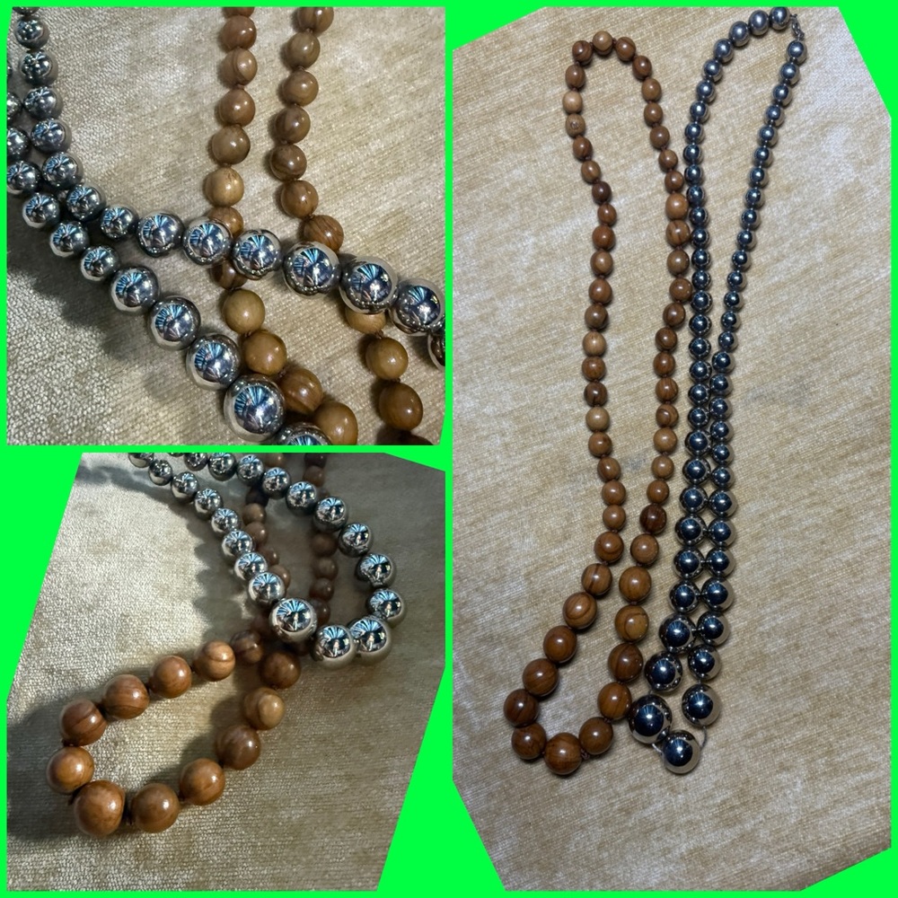 Vintage 1 Wood and 1 Silver Beaded Necklace bundle 80s 70s excellent condition